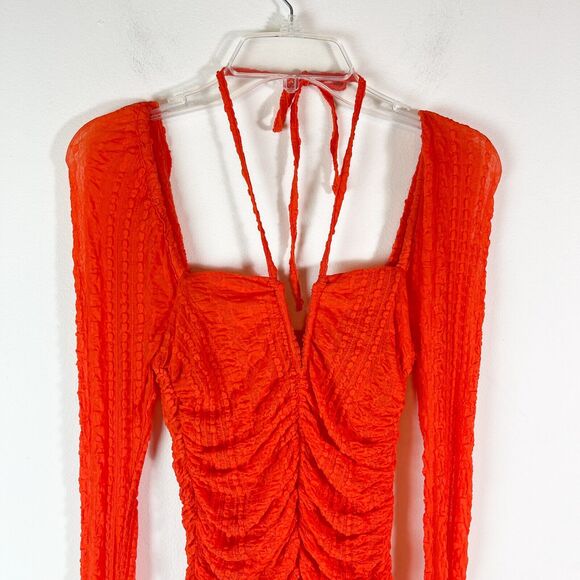 Ganni NWOT Orange Ruched Lace Midi Dress Size 6 - Picture 8 of 12